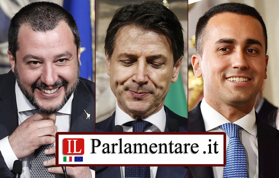 Il Governo Conte. Da sx: Il Ministro dell'Interno Matteo Salvini, Il Presidente del Consiglio Giuseppe Conte, il Ministro dello Sviluppo Economico Luigi Di Maio